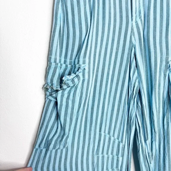 Urban Outfitters Alexandra Blue Green Striped Linen Cargo Pants Size Small - Picture 7 of 13